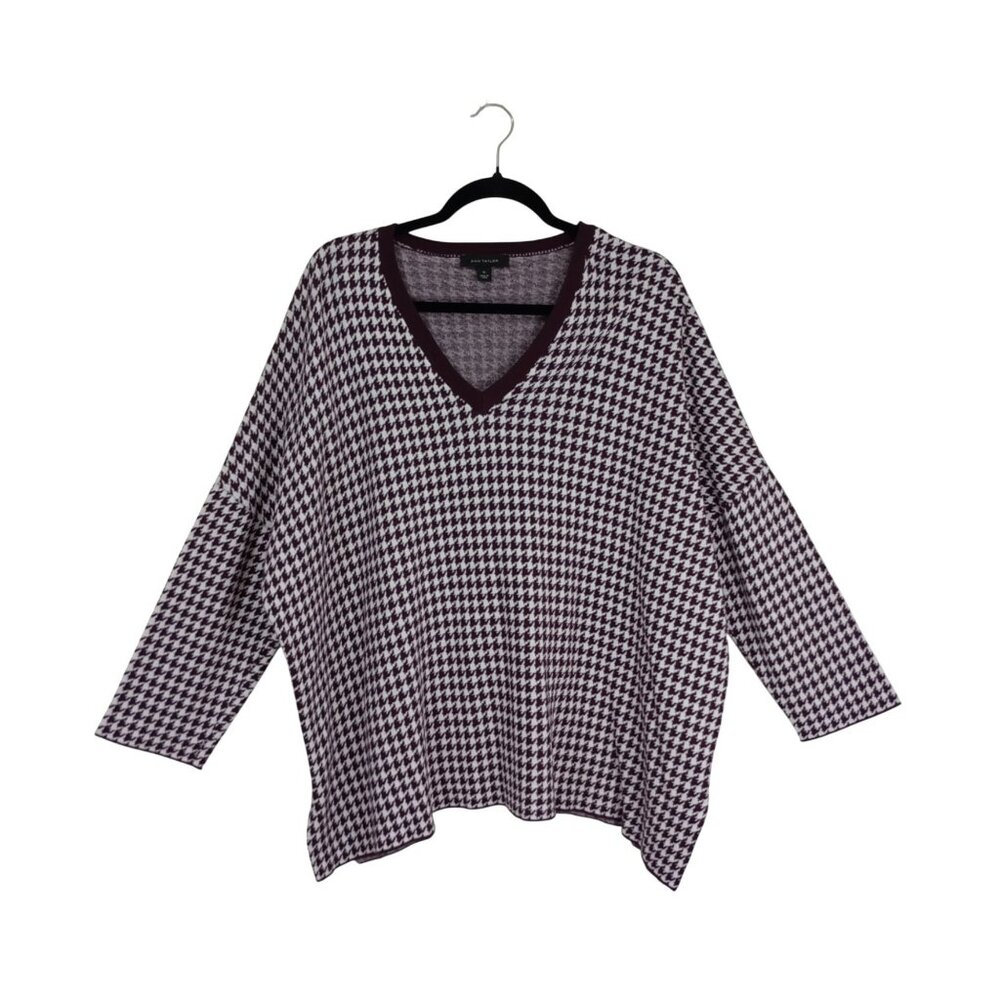 Ann Taylor Houndstooth V-Neck Sweater Burgundy & White Size XL Lightweight Knit